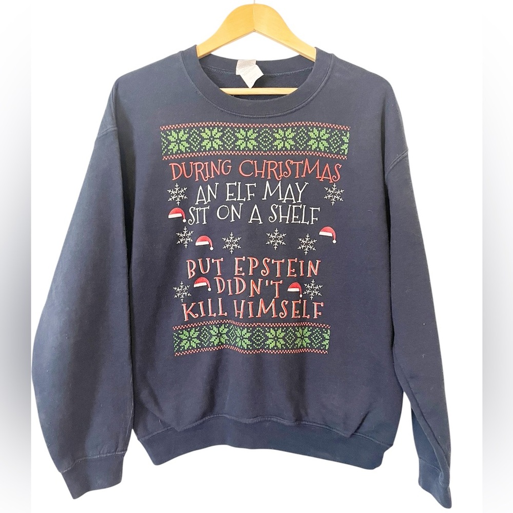 Gildan Navy Blue Ugly Christmas Epstein Funny Crewneck Sweatshirt Size Medium